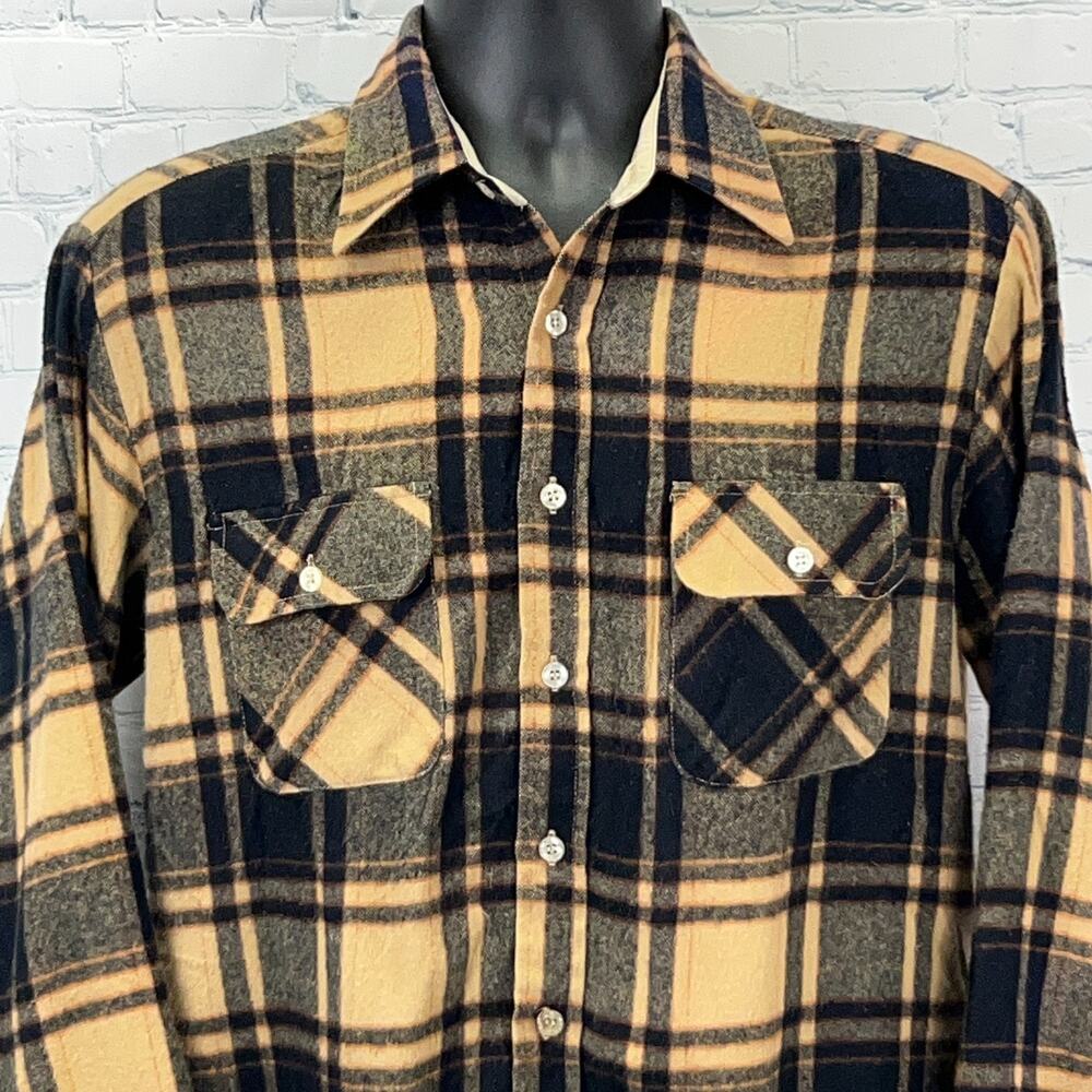 Vintage 90s Kentfield Flannel Button Front Shirt Grunge Plaid Beige M Medium